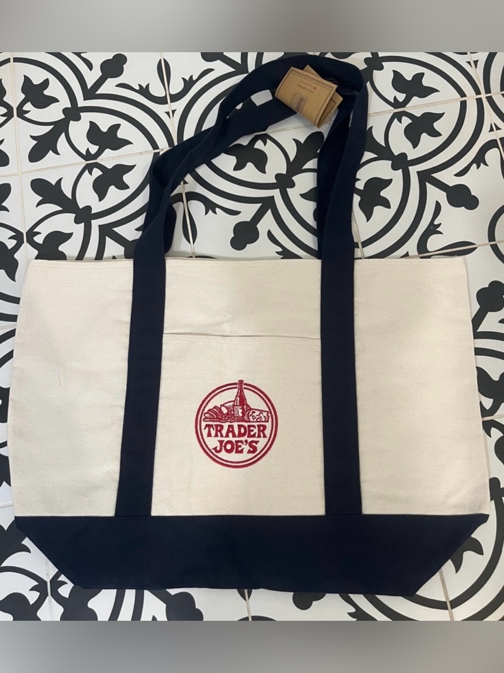 Trader Joe's Large Canvas Tote Bag in Cream with Dark Navy Trim NWT